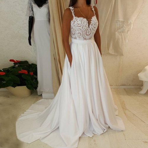 A-Line Straps Sweep Train Satin Chiffon Wedding Dress with Pockets Lace