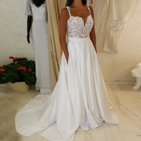 A-Line Straps Sweep Train Satin Chiffon Wedding Dress with Pockets Lace - Click Image to Close