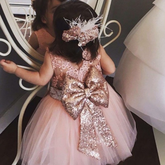 Ball Gown Jewel Pink Tulle Flower Girl Dress with Lace Sequins Bowknot - Click Image to Close