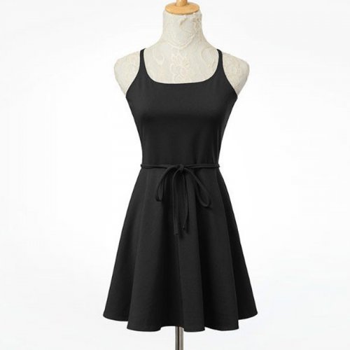 A-Line Square Criss-Cross Straps Polyester Little Black Dress