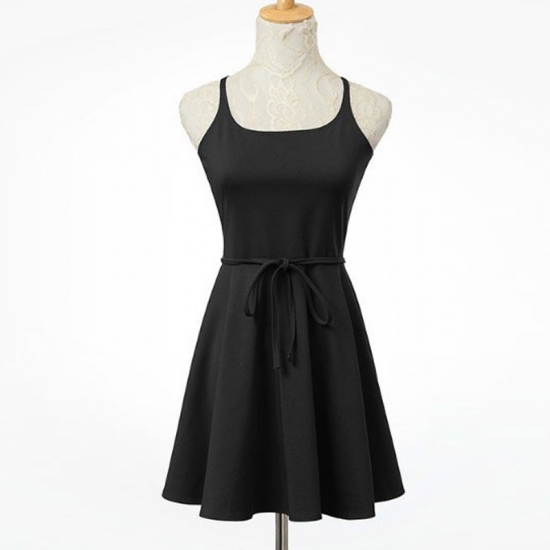 A-Line Square Criss-Cross Straps Polyester Little Black Dress - Click Image to Close