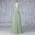 A-Line V-Neck Open Back Sage Tulle Bridesmaid Dress with Lace