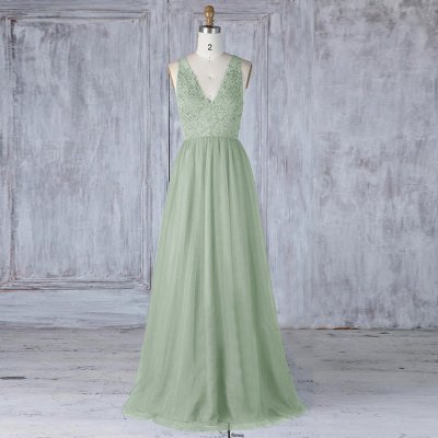 A-Line V-Neck Open Back Sage Tulle Bridesmaid Dress with Lace