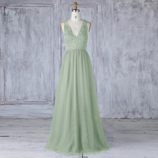 A-Line V-Neck Open Back Sage Tulle Bridesmaid Dress with Lace - Click Image to Close