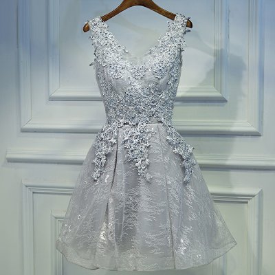 A-Line V-Neck Sleeveless Short Grey Lace Homecoming Dress with Appliques