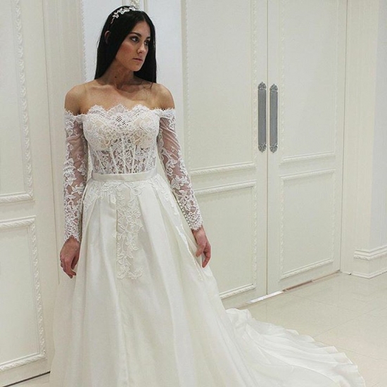 A-Line Off-the-Shoulder Long Sleeves Chiffon Wedding Dress with Appliques - Click Image to Close
