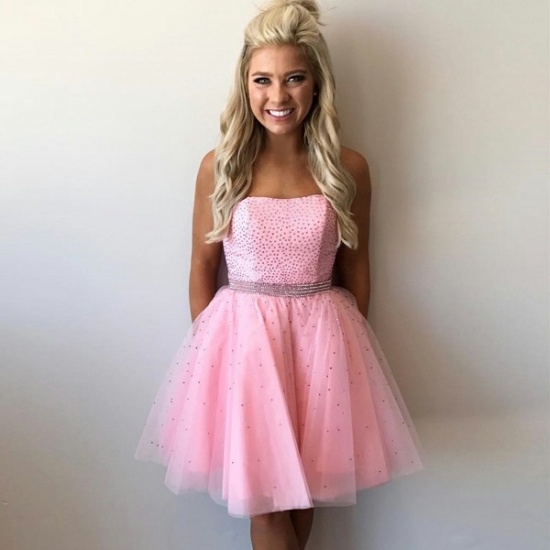 A-Line Strapless Short Pink Tulle Homecoming Dress with Beading - Click Image to Close