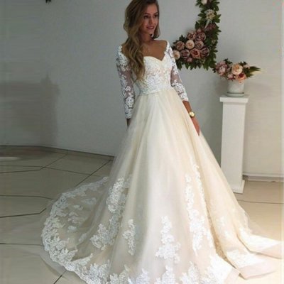 A-Line Off-the-Shoulder Long Sleeves Ivory Tulle Wedding Dress with Appliques