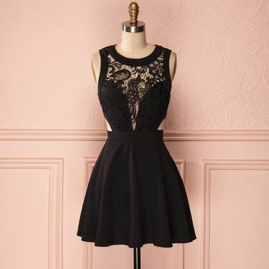 A-Line Round Neck Short Black Homecoming Dress with Lace Keyhole Back - Click Image to Close
