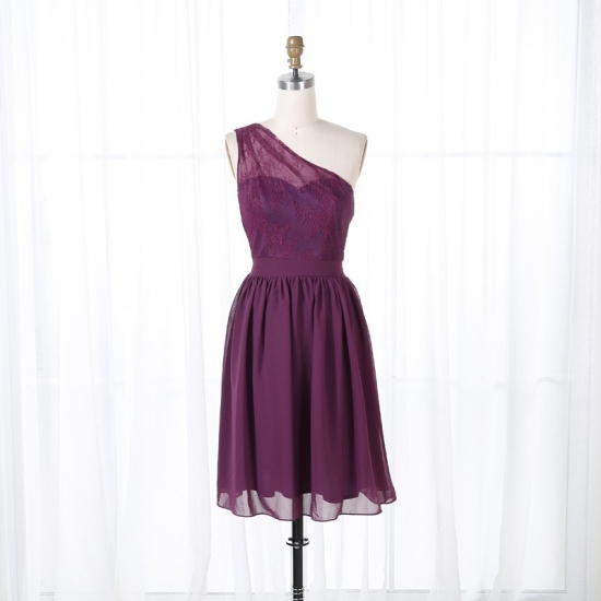 A-Line One Shoulder Short Grape Chiffon Homecoming Dress with Lace - Click Image to Close