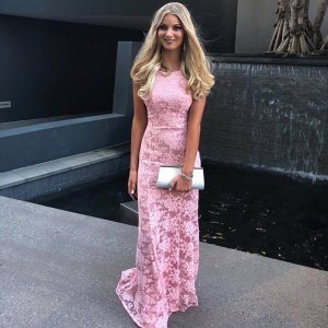 Sheath Crew Neck Floor-Length Criss-Cross Straps Pink Lace Prom Dress