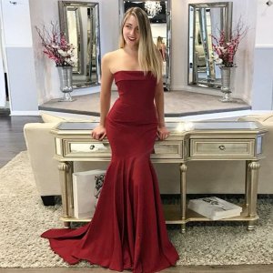 Mermaid Strapless Sleeveless Sweep Train Burgundy Prom Dress