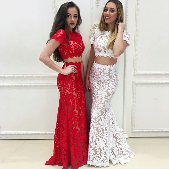 Two Piece Bateau Short Sleeves Floor-Length Red Lace Prom Dress - Click Image to Close