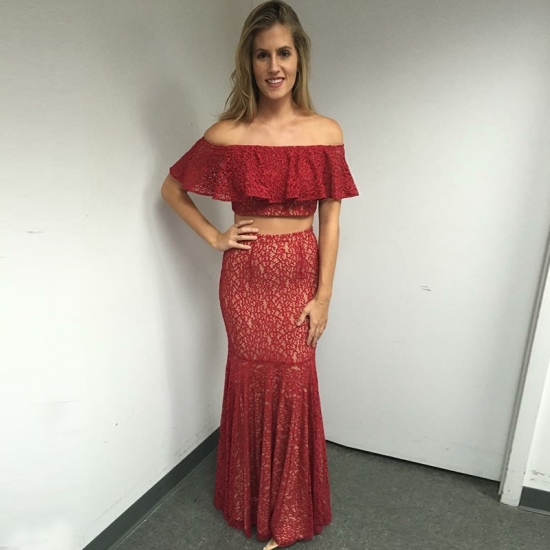 Two Piece Off-the-Shoulder Floor-Length Dark Red Lace Prom Dress - Click Image to Close