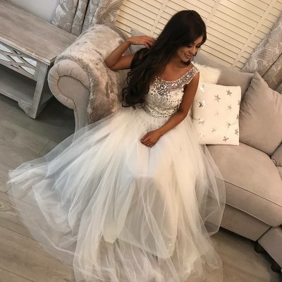 A-Line Round Neck Backless Floor-Length White Tulle Prom Dress with Beading