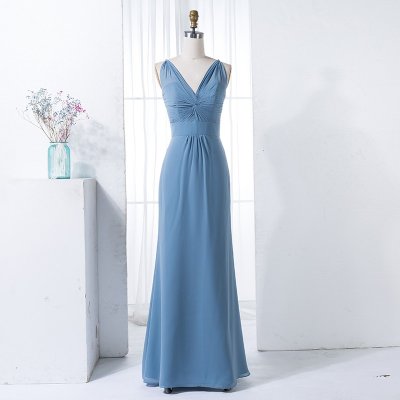 Sheath V-Neck Backless Floor-Length Dark Blue Bridesmaid Dress with Pleats