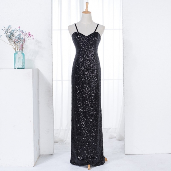 Mermaid Spaghetti Straps Long Black Sequined Bridesmaid Dress - Click Image to Close