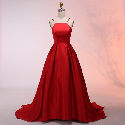 A-Line Spaghetti Straps Sweep Train Red Satin Prom Dress