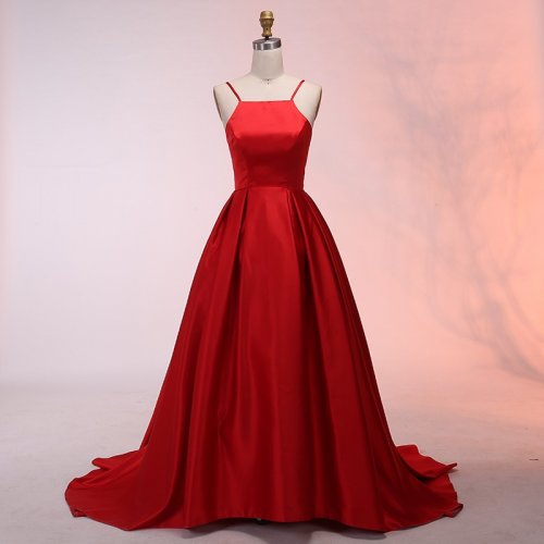 A-Line Spaghetti Straps Sweep Train Red Satin Prom Dress