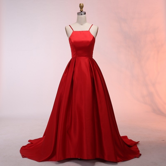 A-Line Spaghetti Straps Sweep Train Red Satin Prom Dress - Click Image to Close