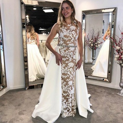 Mermaid Round Neck Champagne Detachable Prom Dress with Appliques