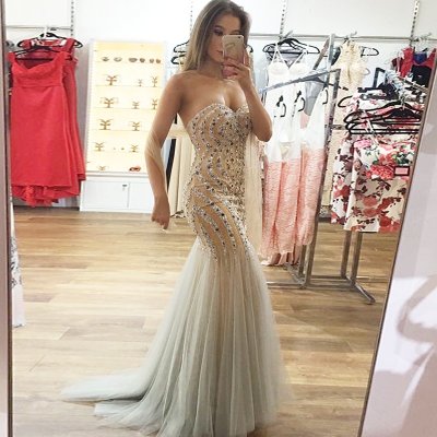 Mermaid Sweetheart Sweep Train Light Champagne Prom Dress with Beading