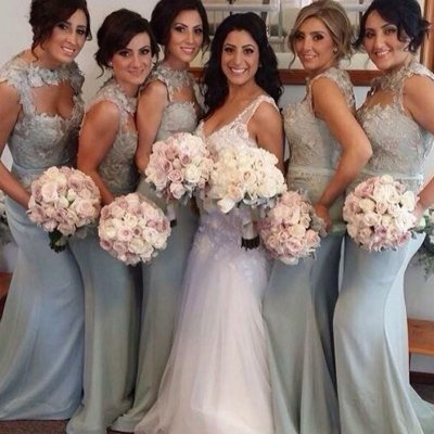 Mermaid Round Neck Sweep Train Grey Bridesmaid Dress with Appliques Keyhole