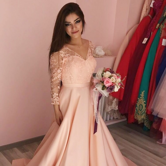 A-Line V-Neck 3/4 Sleeves Sweep Train Peach Satin Prom Dress with Appliques - Click Image to Close