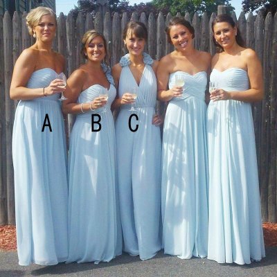 A-Line Sweetheart Floor-Length Blue Chiffon Bridesmaid Dress with Ruffles