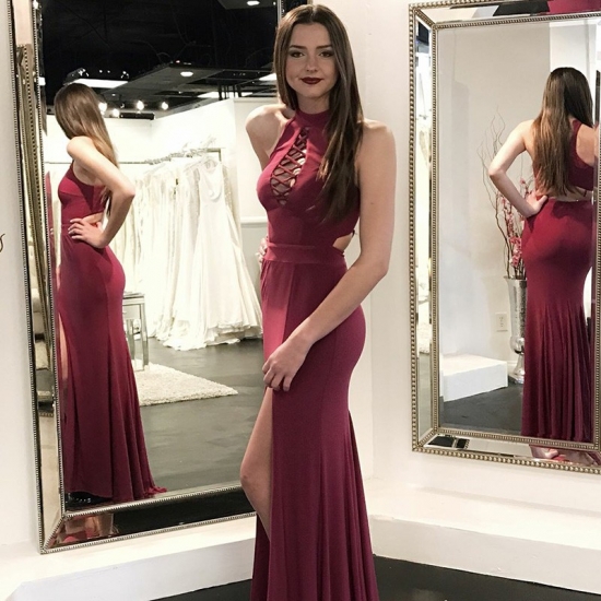 Mermaid High Neck Long Burgundy Prom Dress with Split Hollow - Click Image to Close