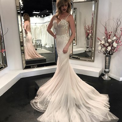 Mermaid Spaghetti Straps Backless Wedding Dress with Beading