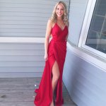 Sheath Spaghetti Straps Red Long Prom Dress with Split