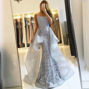 Mermaid Spaghetti Straps Grey Detachable Prom Dress with Lace