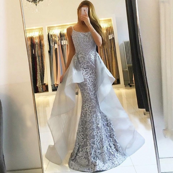 Mermaid Spaghetti Straps Grey Detachable Prom Dress with Lace - Click Image to Close