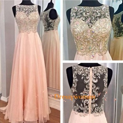 A-line Scoop Appliques Sleeveless Chiffon Long Prom Dresses TUHD-90033 With Embroideries