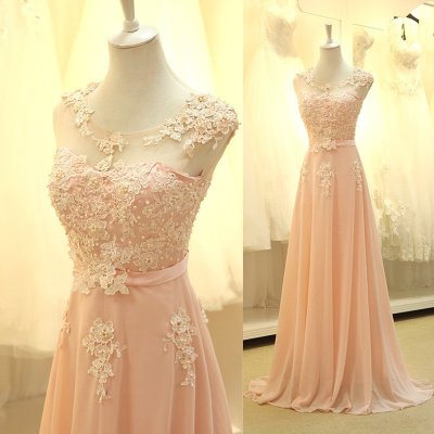 Luxurious A-Line Scoop Floor Length Chiffon Pink Evening/Prom Dress With Appliques Beading