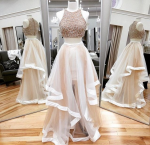 Two Piece Jewel LAsymmetrical Light Champagne Tulle Prom Dress with Beading