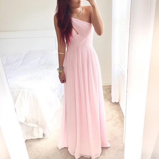 Luxurious A-Line Floor Length Chiffon One Shoulder Pink Bridesmaid/Prom Dress With Ruched - Click Image to Close