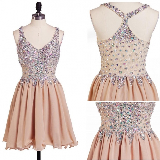 Charming Short A-Line V-neck Hollow Pink Homecoming Dress With Beading - Click Image to Close
