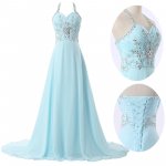 Elegant A-Line Halter Sweep Train Chiffon Sky Blue Prom Dress With Beading