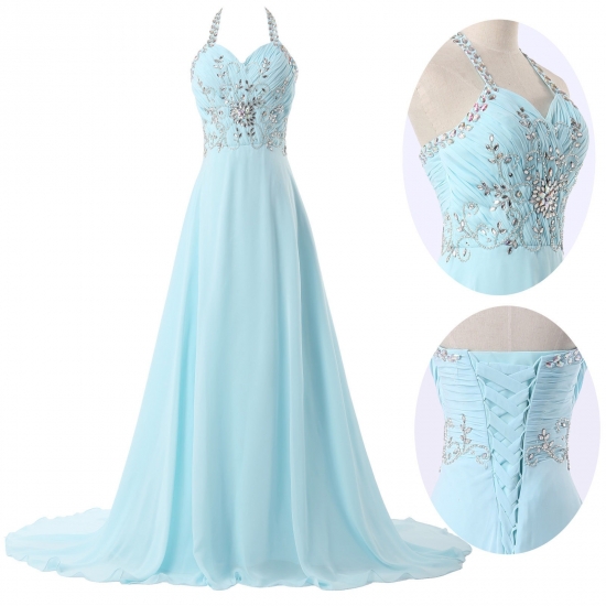 Elegant A-Line Halter Sweep Train Chiffon Sky Blue Prom Dress With Beading - Click Image to Close