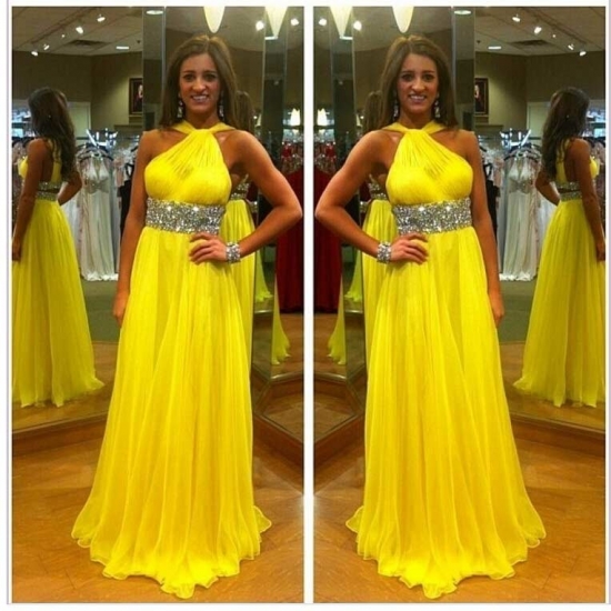 A-Line Halter Floor Length Chiffon Backless Yellow Prom Dress With Beading - Click Image to Close