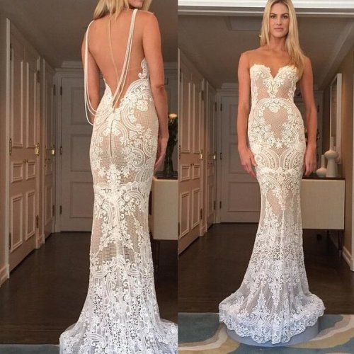 Long Lace Wedding Dress with Beading - White Sheath Strapless