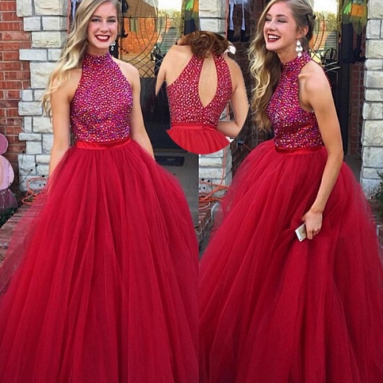 Glamorous Prom Dress -Dark Red A-Line High Neck with Beaded - Click Image to Close