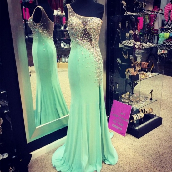 Glamorous Prom Dress -Mint Sheath One-Shoulder Dress with Beaded - Click Image to Close