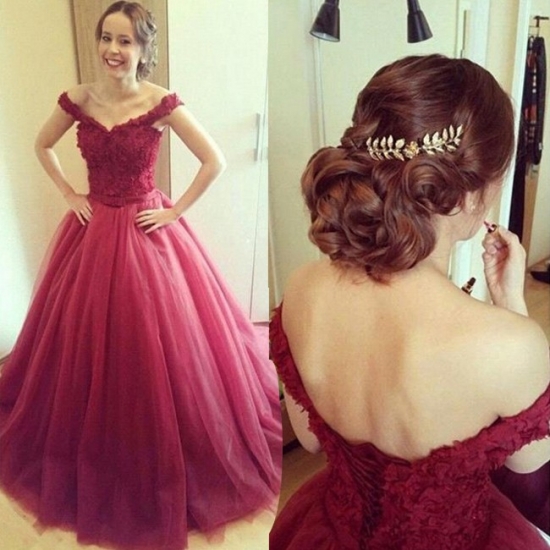 Hot Selling Prom Dress -Burgundy Ball Gown Off-the-Shoulder with Lace - Click Image to Close