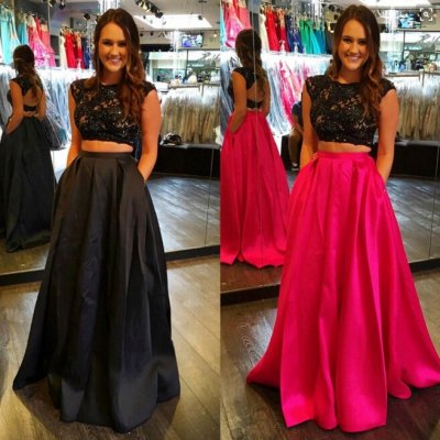 Two Piece Bateau Cap Sleeves Fuchsia/Black Prom Dress with Lace Open Back