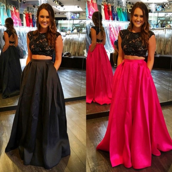Two Piece Bateau Cap Sleeves Fuchsia/Black Prom Dress with Lace Open Back - Click Image to Close
