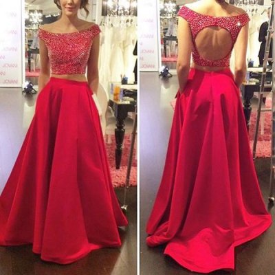Two Piece Prom Dress -A-Line Off-the-Shoulder Backless with Beaded
