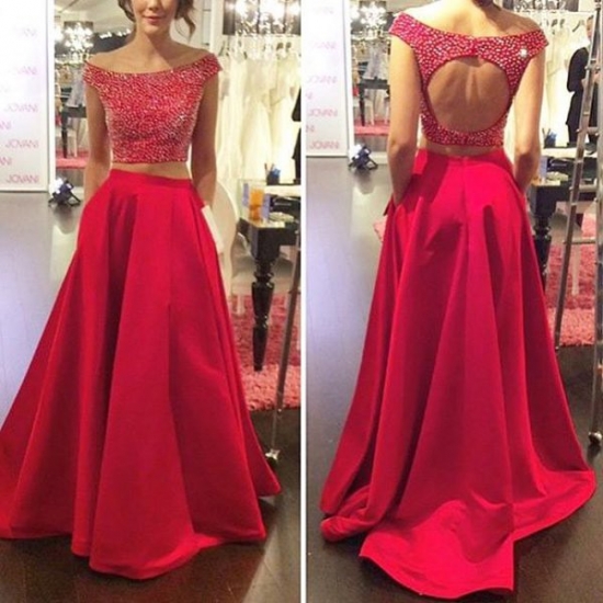 Two Piece Prom Dress -A-Line Off-the-Shoulder Backless with Beaded - Click Image to Close
